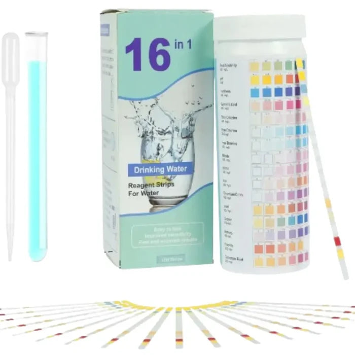 Habicare HBC water quality test strips showing color comparison for testing pH, chlorine, and other water parameters.
