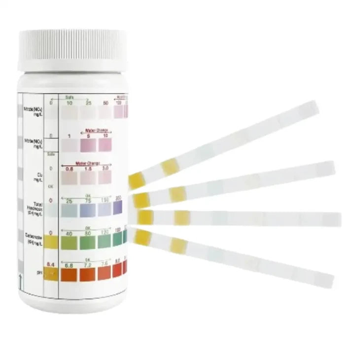Habicare HBC water quality test strips for testing pH, chlorine, and other water parameters, shown in a close-up image.