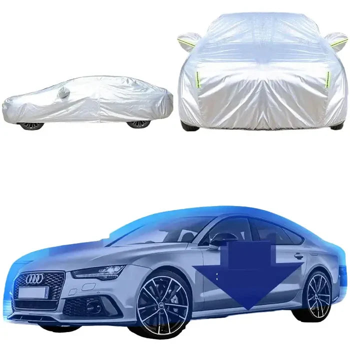 HBC Habicare waterproof all-weather outdoor car cover protecting a vehicle from rain, snow, and UV rays.