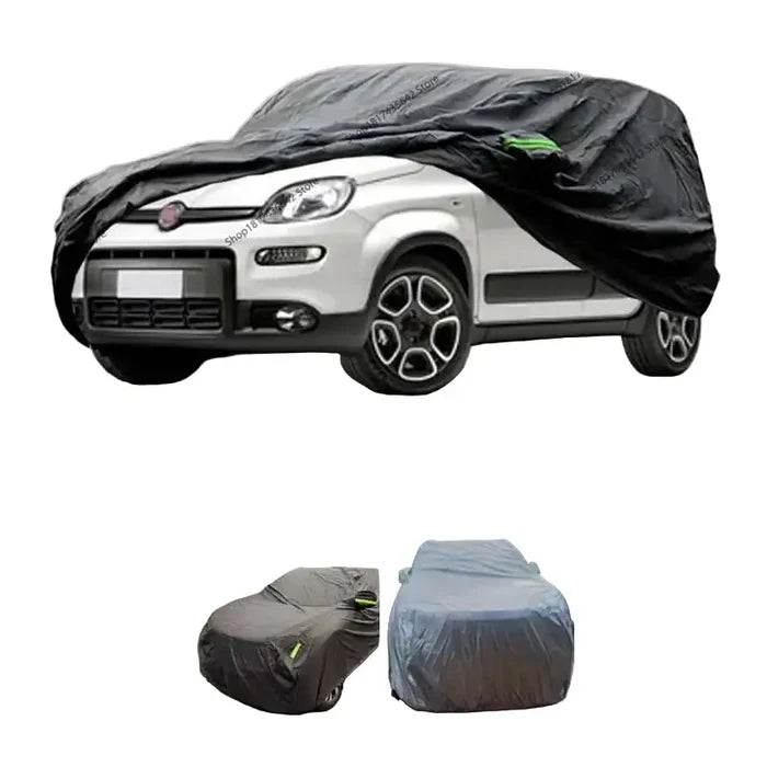 Black Habicare HBC waterproof all-weather outdoor car cover on a Fiat Panda, designed to protect against rain and outdoor elements.