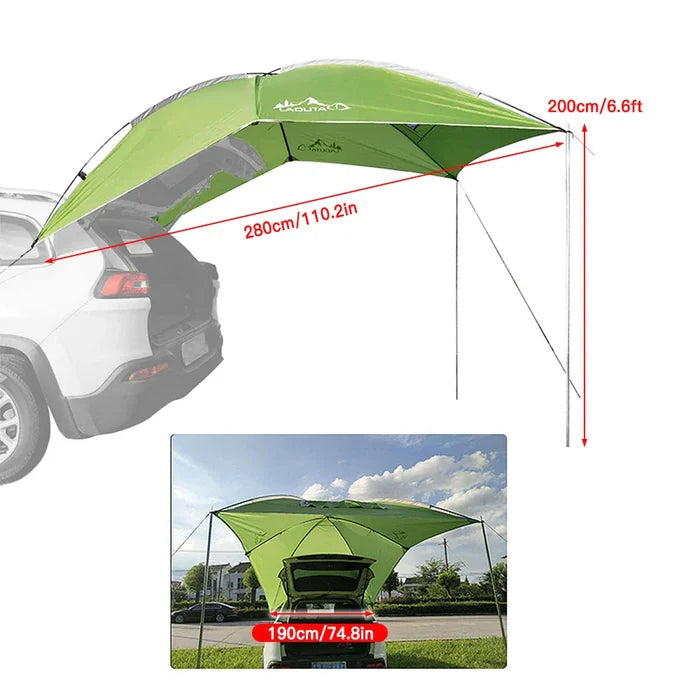 Habicare waterproof car rear shelter in silver, showing the protective cover fitted over the back of a vehicle under cloudy sky.