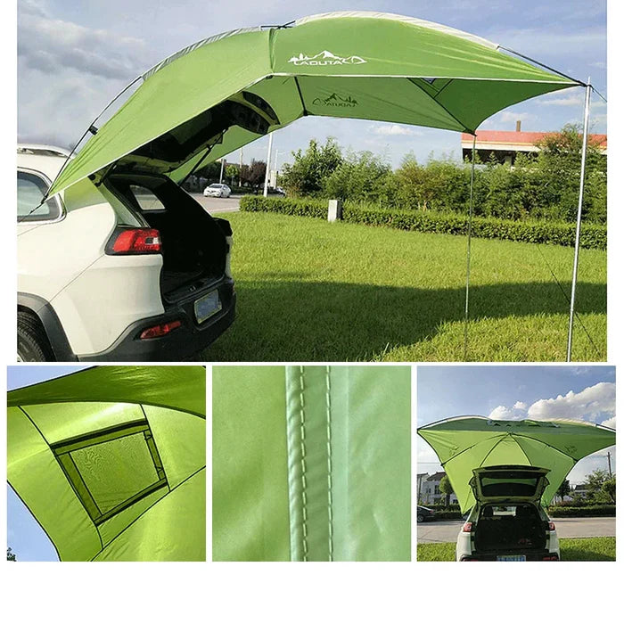 Habicare waterproof car rear shelter in silver, designed to protect the rear of the vehicle from rain and debris.