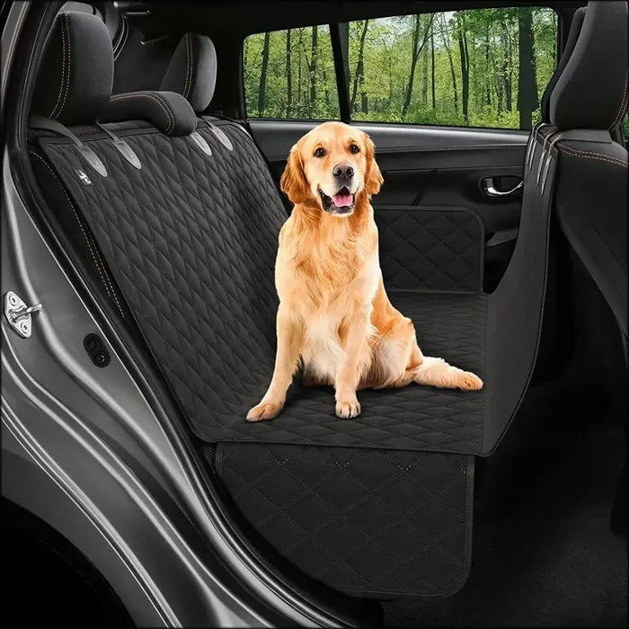 Habicare waterproof dog car hammock in black, made of durable material, provides comfortable travel for pets in vehicles.