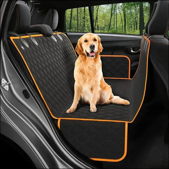 Habicare waterproof dog car hammock in orange, universal size, with secure mesh sides and adjustable straps for vehicle protection.
