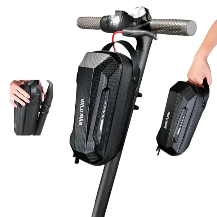 Habicare waterproof front storage box for e-scooters, available in 13 different types, securely attaches to scooter handlebars.