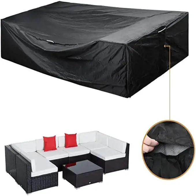 Habicare waterproof garden furniture cover protecting outdoor table and chairs from dust, rain, and snow in various sizes.