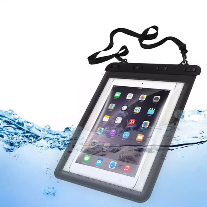 Black waterproof iPad and tablet bag by 9eight5, designed for mobile gadgets with secure seal and durable material.