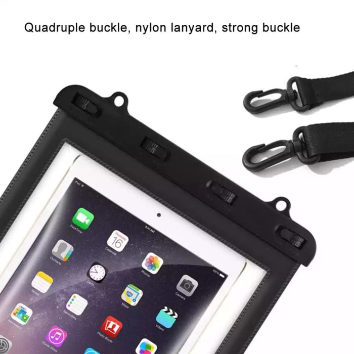 Waterproof 9eight5 iPad/Tablet bag with secure zipper and transparent front for touchscreen access, ideal for protecting gadgets.
