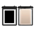Black waterproof iPad and tablet bag by 9eight5, with secure zipper closure and transparent touch screen window.