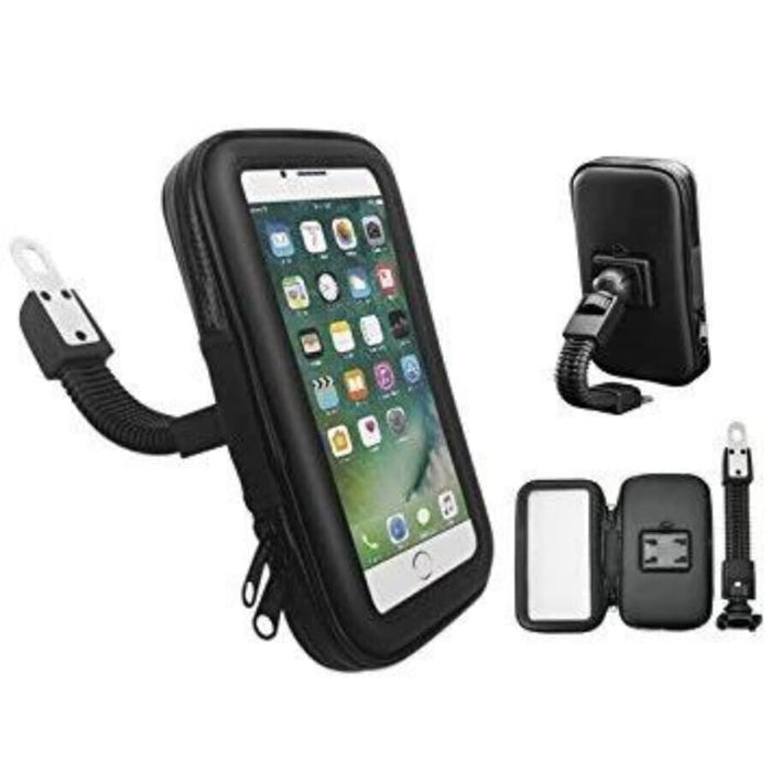 Waterproof motorcycle phone holder by 9eight5, designed for 6-7 inch iPhones and tablets, with charger port access.