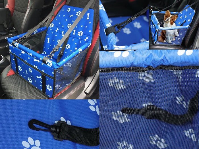 Blue waterproof pet car seat cover with paw and bone pattern, designed for cats and dogs, by dealonline.co.nz