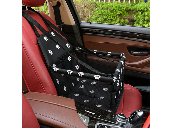 Blue waterproof pet car seat cover with paw and bone pattern, designed for cats and dogs to protect car seats.