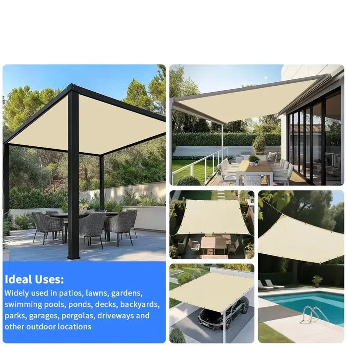 Waterproof Habicare sunshade sail in square and rectangle shapes, available in four colors, providing outdoor sun and rain protection.