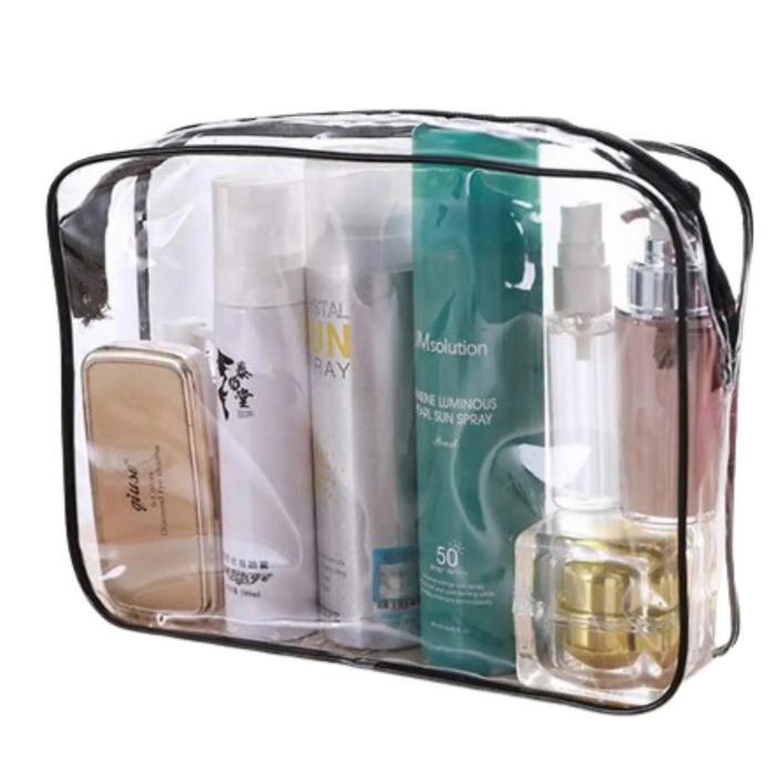 Clear waterproof cosmetic bag by 9eight5 from Habicare with zip closure, available in three sizes, showing transparent material and zip detail.
