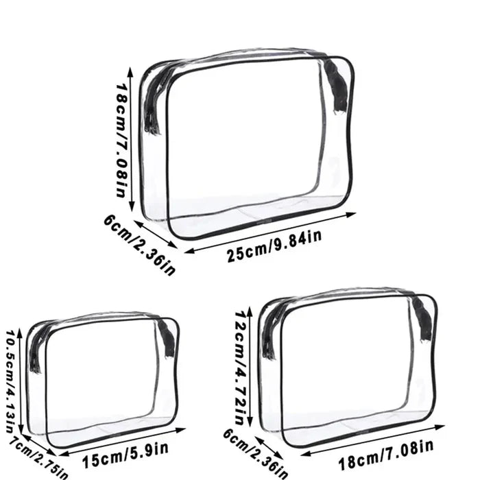 Clear waterproof cosmetic bag by 9eight5 Habicare with zipper, available in three sizes for travel or storage.