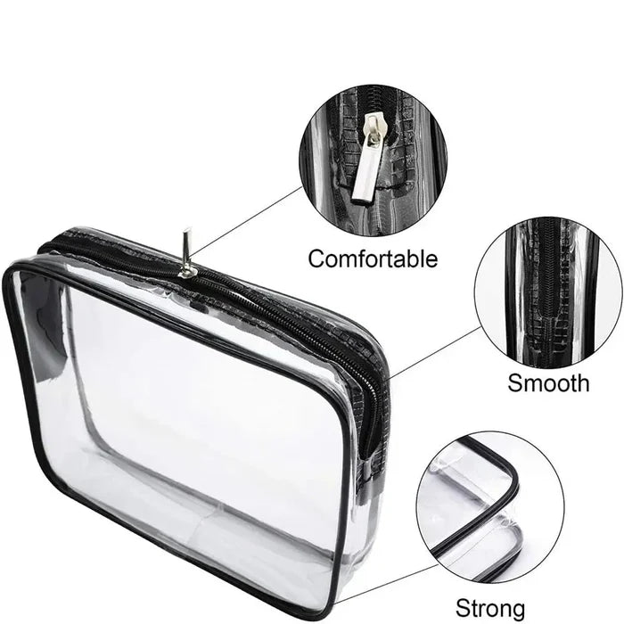 Transparent waterproof cosmetic bag by Habicare, with zipper, available in three sizes for travel and storage.