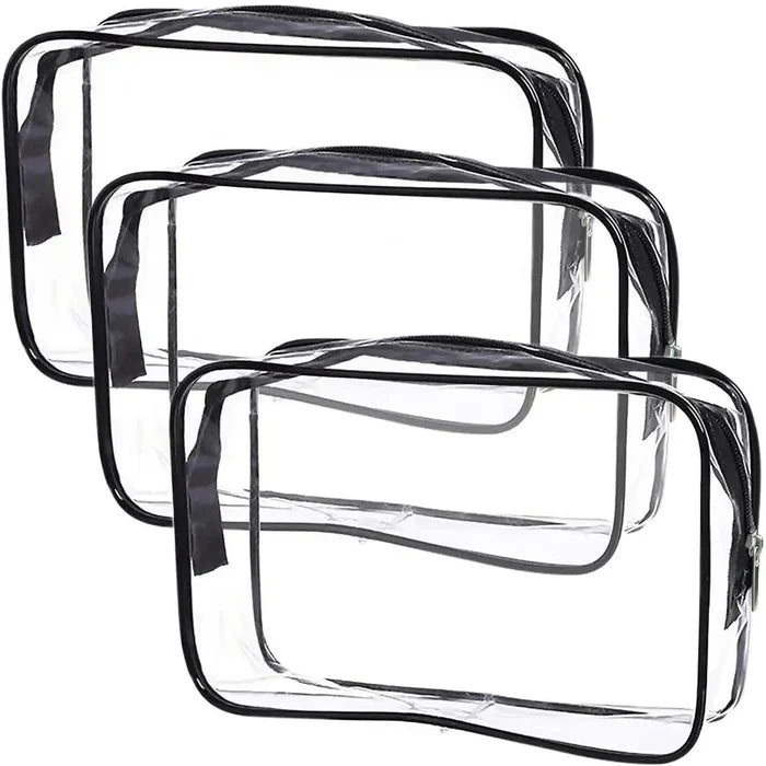 Clear waterproof cosmetic bag with zipper from Habicare, available in three sizes, perfect for travel and organization.