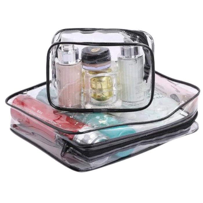 Clear waterproof cosmetic bag with zip from Habicare, available in three sizes, showing its transparent design and sturdy zipper.
