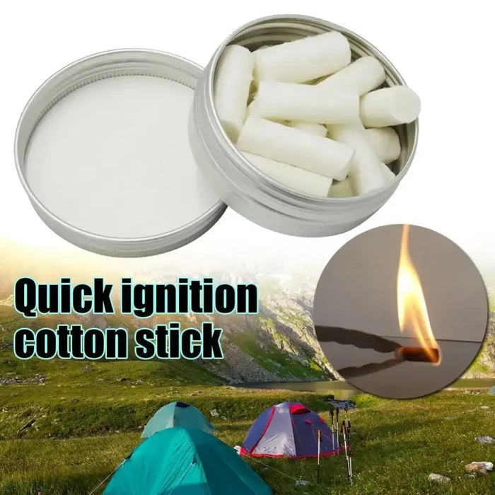 Habicare SS wax braided paraffin swabs used as outdoor camping survival fire-starting tool on a camping site.