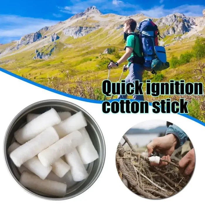 Habicare SS wax braided paraffin swabs used as outdoor camping fire-starting survival tools.