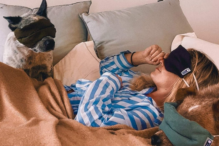 Weighted eye mask from Do Not Disturb Sleep Company with plush fabric and adjustable strap for relaxation and sleep.