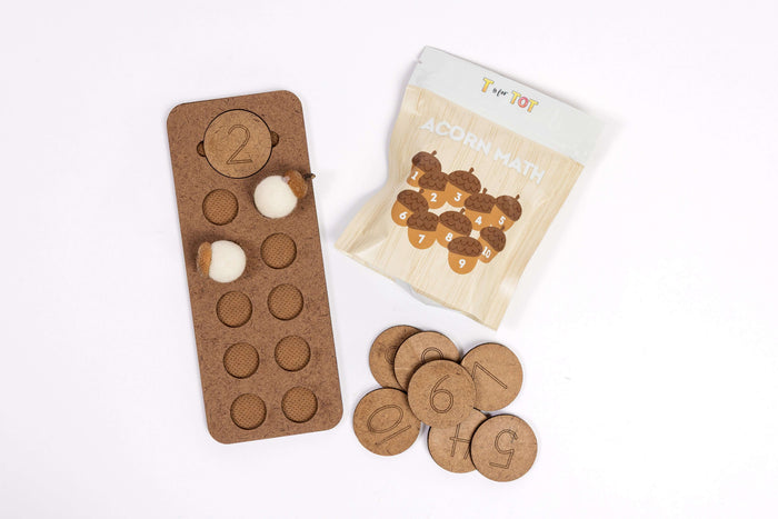 Wooden counting board with felt acorns for early math, counting, and fine motor play