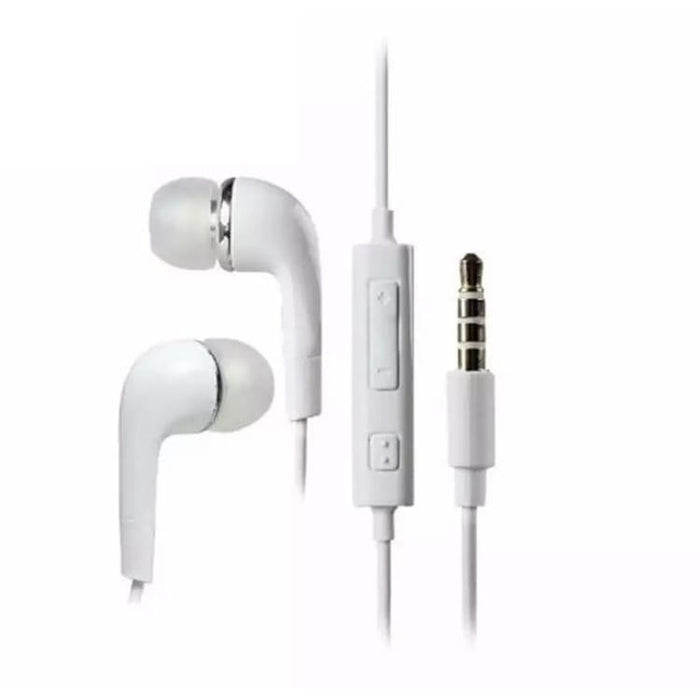 Wired Samsung earphones connected to a smartphone, black in-ear headphones with inline microphone, branded 9eight5 accessory.