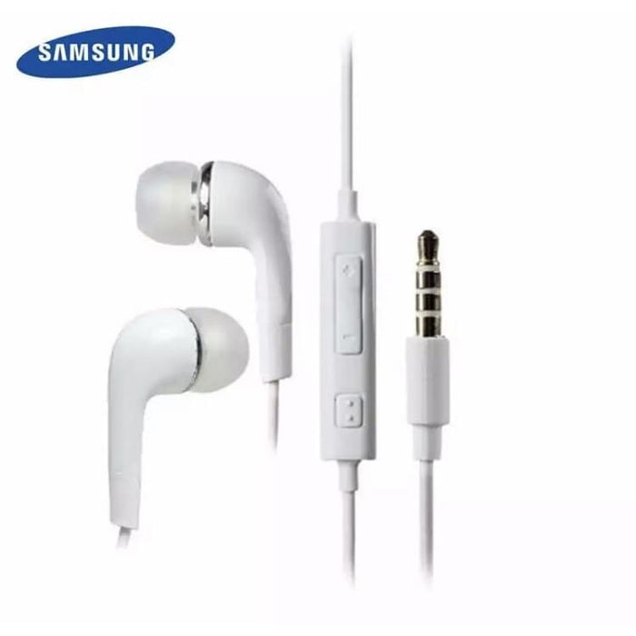 Wired Samsung earphones by 9eight5, white in-ear headphones with cable for phones and tablets, close-up view.
