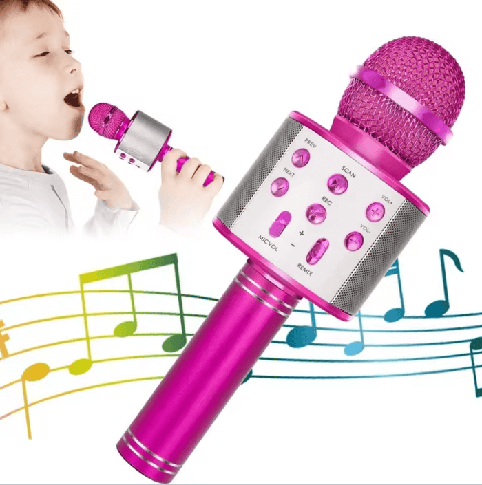 Wireless Bluetooth karaoke microphone by TechPlus, 5-in-1 portable microphone for kids with colorful design and built-in controls.