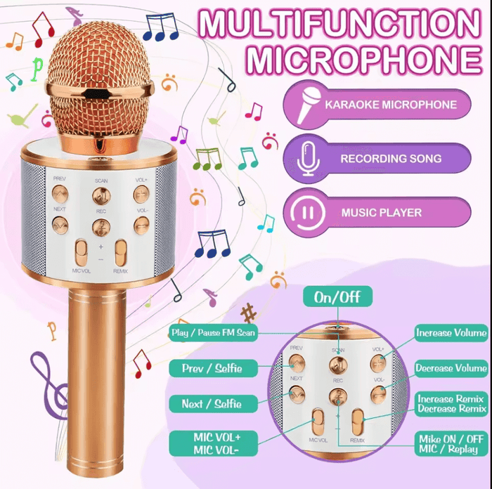 Techplus wireless Bluetooth karaoke microphone, handheld 5-in-1 portable mic for singing and recording.