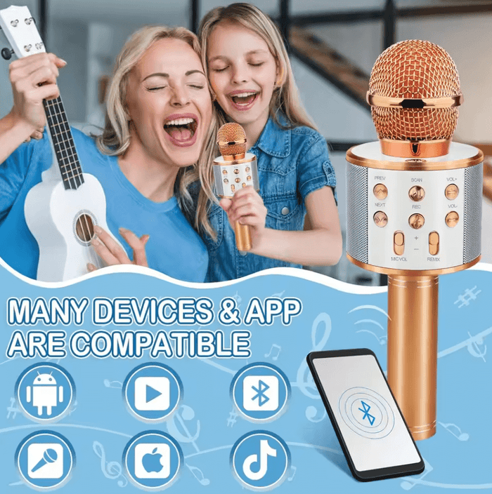 Wireless Bluetooth karaoke microphone by TechPlus, 5-in-1 portable mic with FM radio functionality for singing and entertainment.