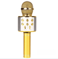 Gold wireless Bluetooth karaoke microphone by TechPlus, 5-in-1 portable microphone with built-in controls and sleek design.