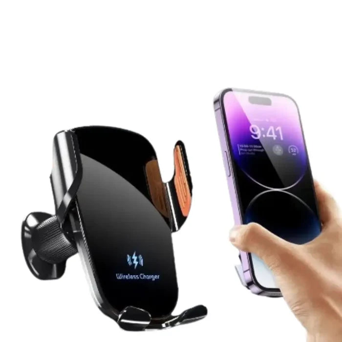 Black 9eight5 Habicare wireless car charger with 15W fast charging, compact design, and easy-to-use mounting for smartphones.