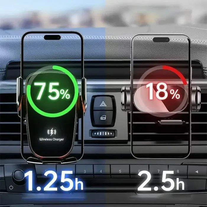 Black 9eight5 Habicare wireless car charger with 15W fast charging, mounted on a car dashboard with phone attached.