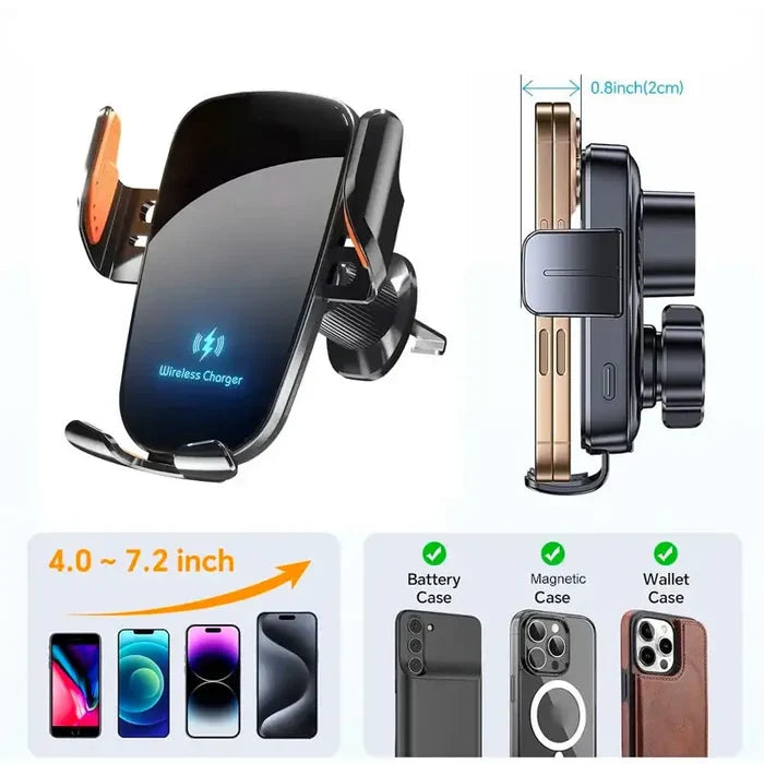 Black 9eight5 Habicare wireless car charger 15W mounted on a vehicle dashboard for easy phone charging on the go.