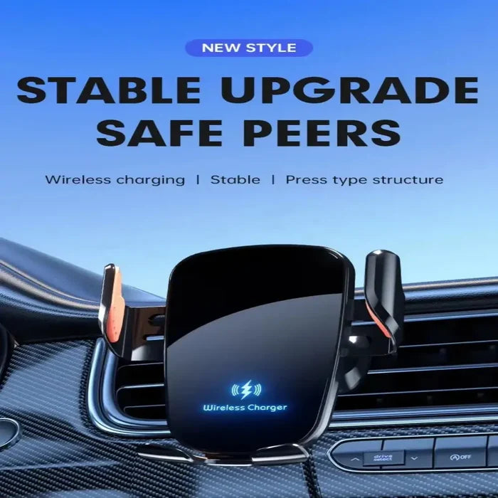 Black 9eight5 Wireless Car Charger by Habicare, 15W fast charging device mounted in a vehicle.