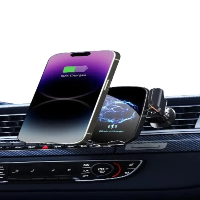 Black 9eight5 Habicare wireless car charger 15W for fast charging, mounted on a car dashboard with phone in place.