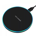Black 9eight5 wireless charger for phones and tablets, sleek and compact accessory with 4 color options available.