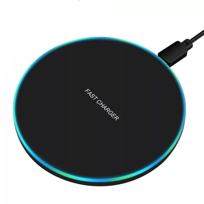 Black 9eight5 wireless charger for phones and tablets, sleek and compact accessory with 4 color options available.