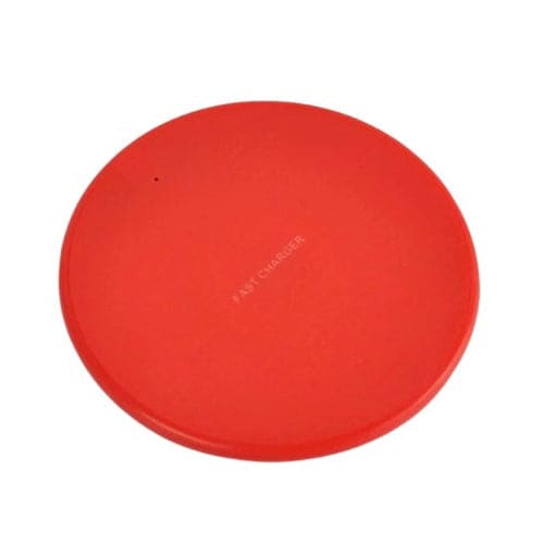 Red 9eight5 wireless charger for phone and tablet, compact and sleek accessory for fast wireless charging.