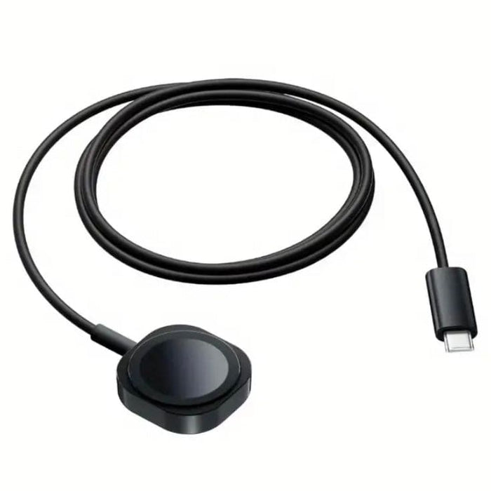 Black wireless charger for Apple Watch with Type C connector, compatible with smartwatches and designed for fast, convenient charging.