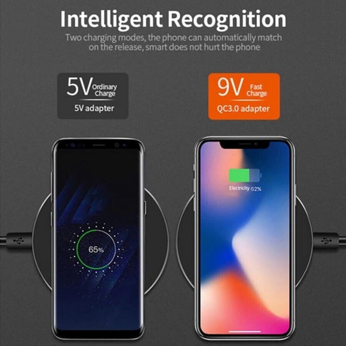 Wireless charger for phones by 9eight5, showing a sleek charging dock with a smartphone placed on it for wireless charging.