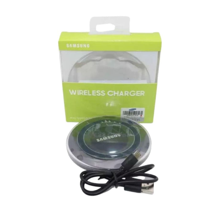Black 9eight5 wireless charger for Samsung smartphones, compact electronic accessory with a sleek design.