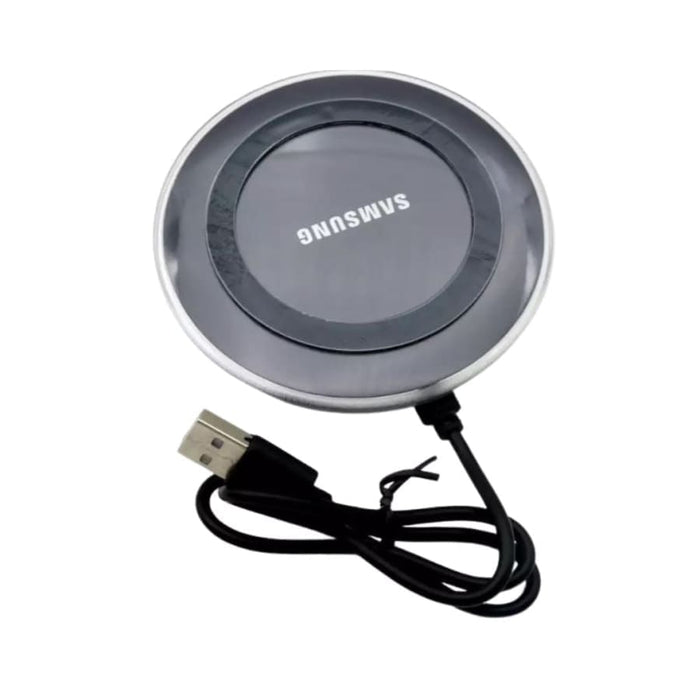 Black Samsung wireless charger from 9eight5 for convenient smartphone charging, featuring sleek electronic accessory design.