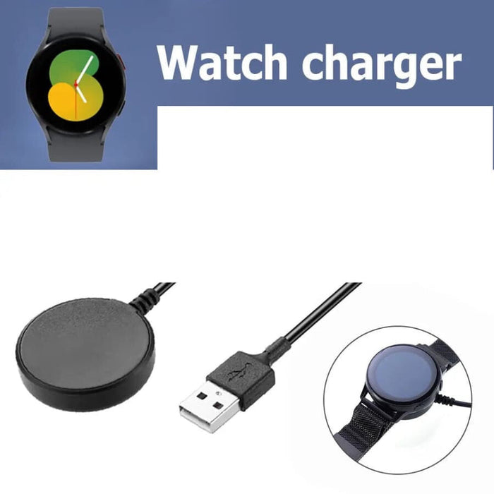 Wireless charger for Samsung Galaxy Watch with USB connection, compact and compatible with Samsung smartwatches.