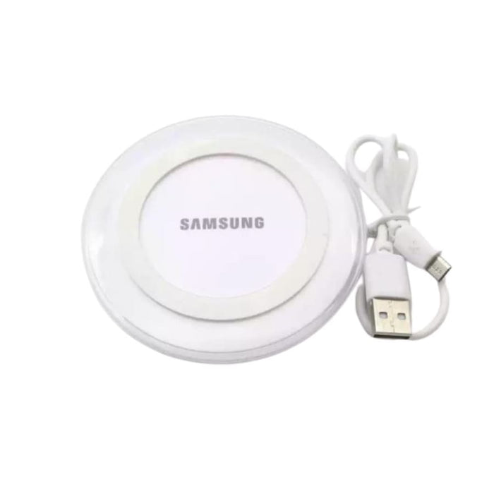White 9eight5 wireless charger for Samsung smartphones, sleek electronics accessory for fast and convenient charging.