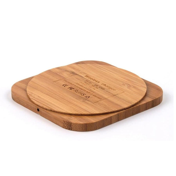 9eight5 wireless charger in brown stain hardwood finish, designed for phone and tablet accessories, sleek and modern.