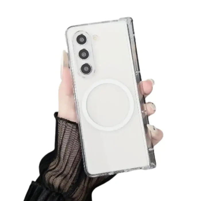 Clear magnetic wireless case for Samsung Z Fold series by 9eight5, designed by Habicare, showcasing a sleek transparent cover for the phone.