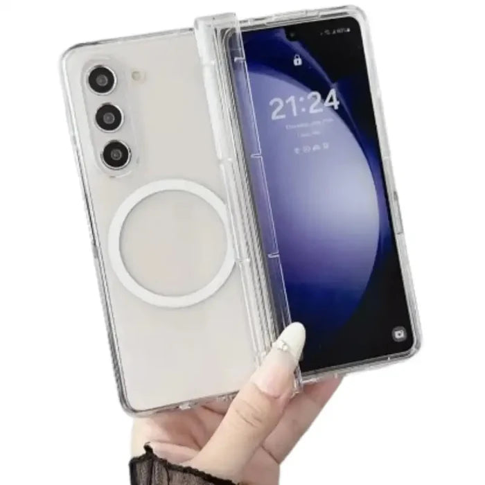Clear wireless case for Samsung Z Fold series by 9eight5 from Habicare, shown on a Samsung foldable phone with magnetic closure.
