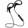 Black wireless earphones by 9eight5, compact in-ear design, perfect for phones and tablets, available in four colors.